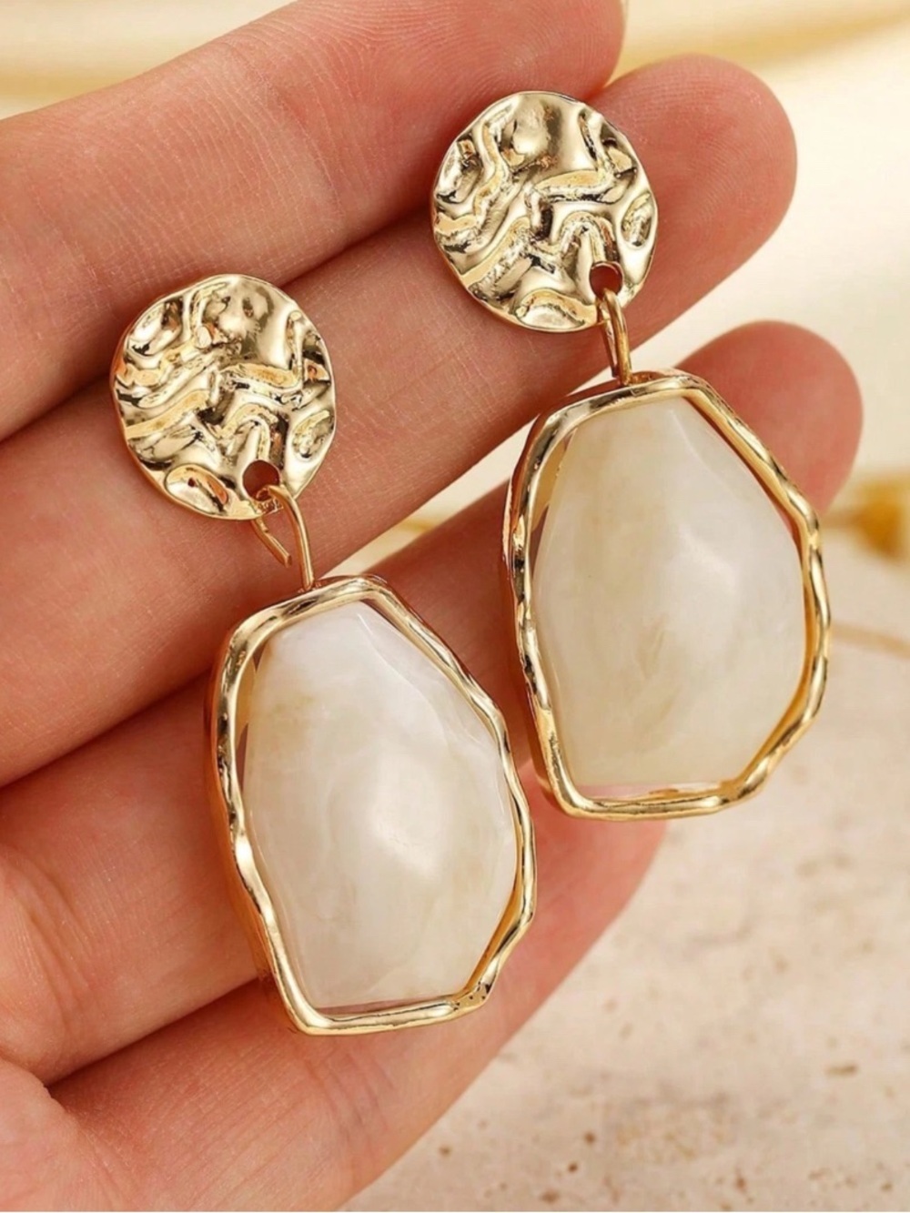 Bohemian Statement Gold-Tone Cream Marbled Drop Earrings